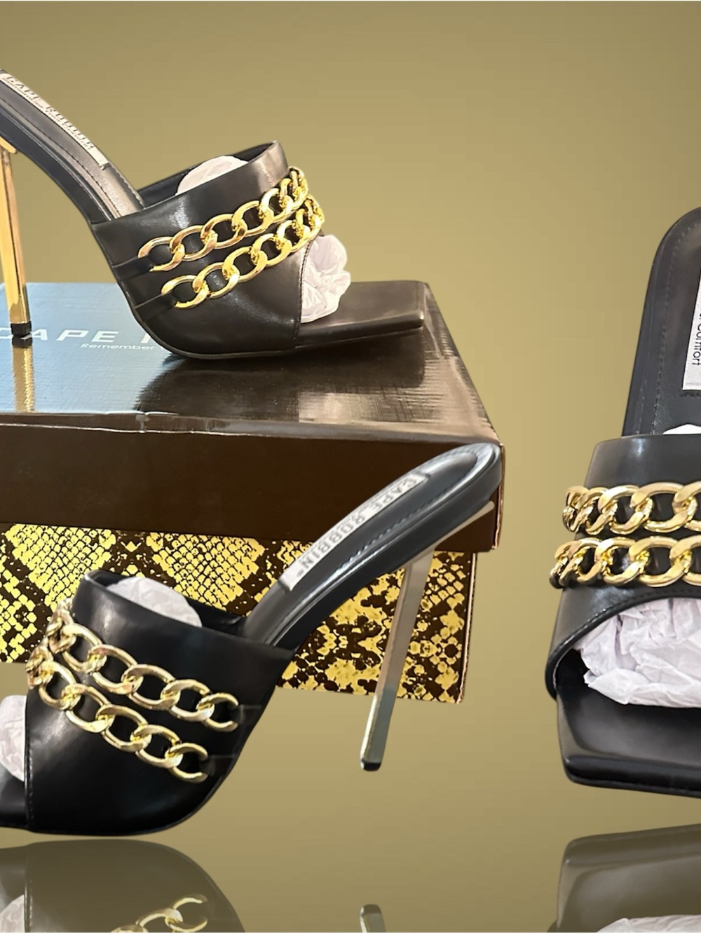 Cape Robbin Black High-Heel Slide Mules with Gold Chain Accent